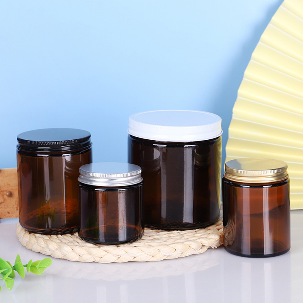 Amber Jar Candle - アルミメタルキャップ付きガラスキャンドルカップ,茶色と琥珀色,丸型,ジャーホルダー,スティック,250ml