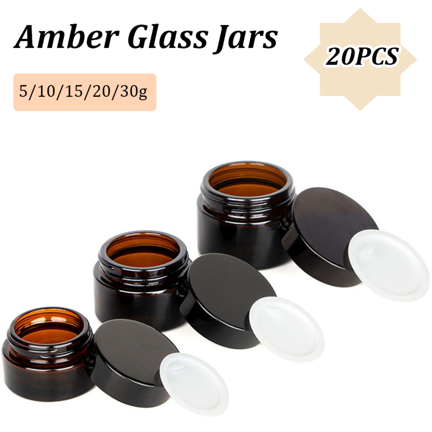 Amber Jar Candle - 20 個の小さな琥珀色のガラス瓶、黒い蓋付き 5/10/15/20/30 グラムの空の丸い瓶、クリームローションキャンドルパウダー用のインナーライナー付き