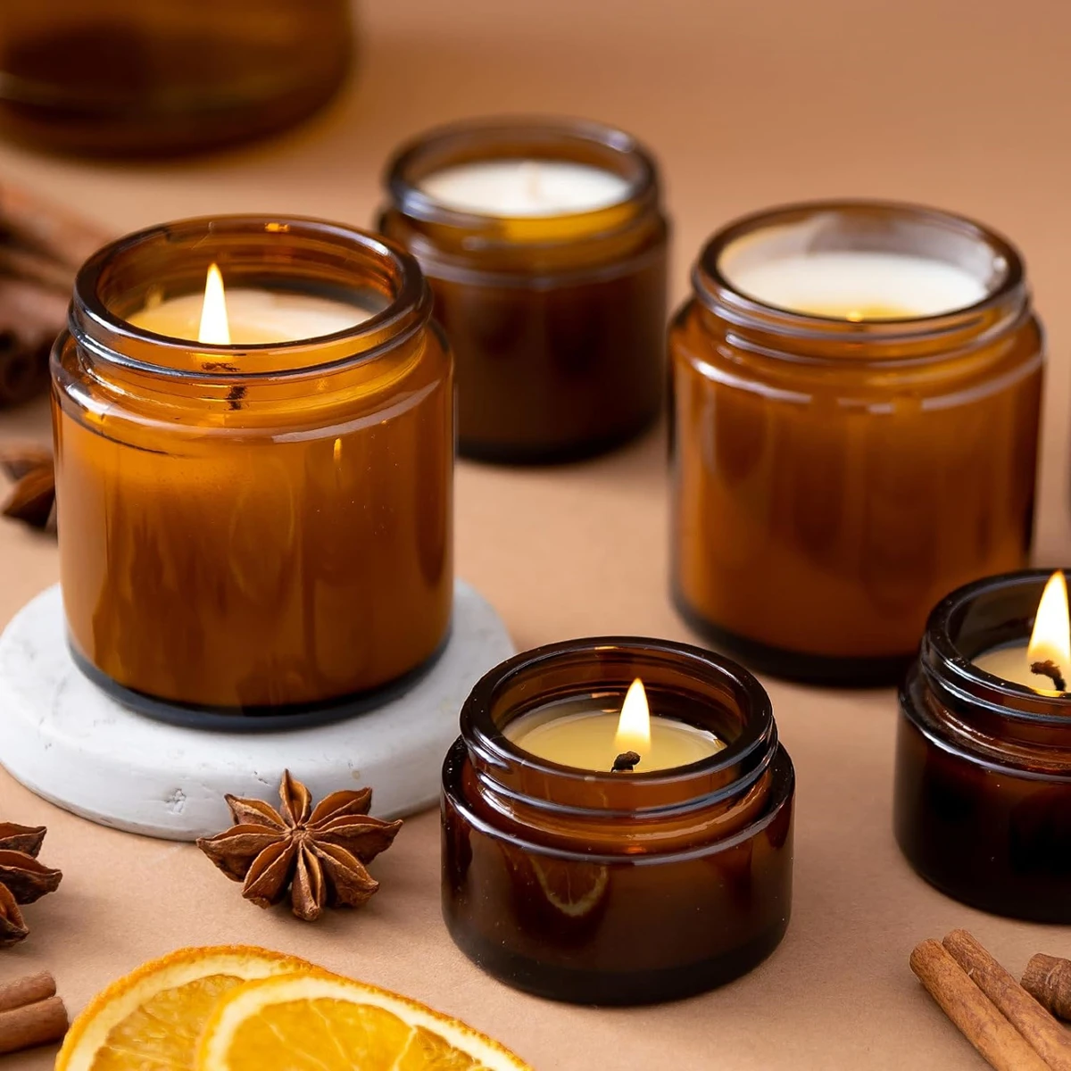 ガラスキャンドルジャー、4オンスの琥珀色の丸いガラスジャー、 - Amber Jar Candle のレビューと価格
