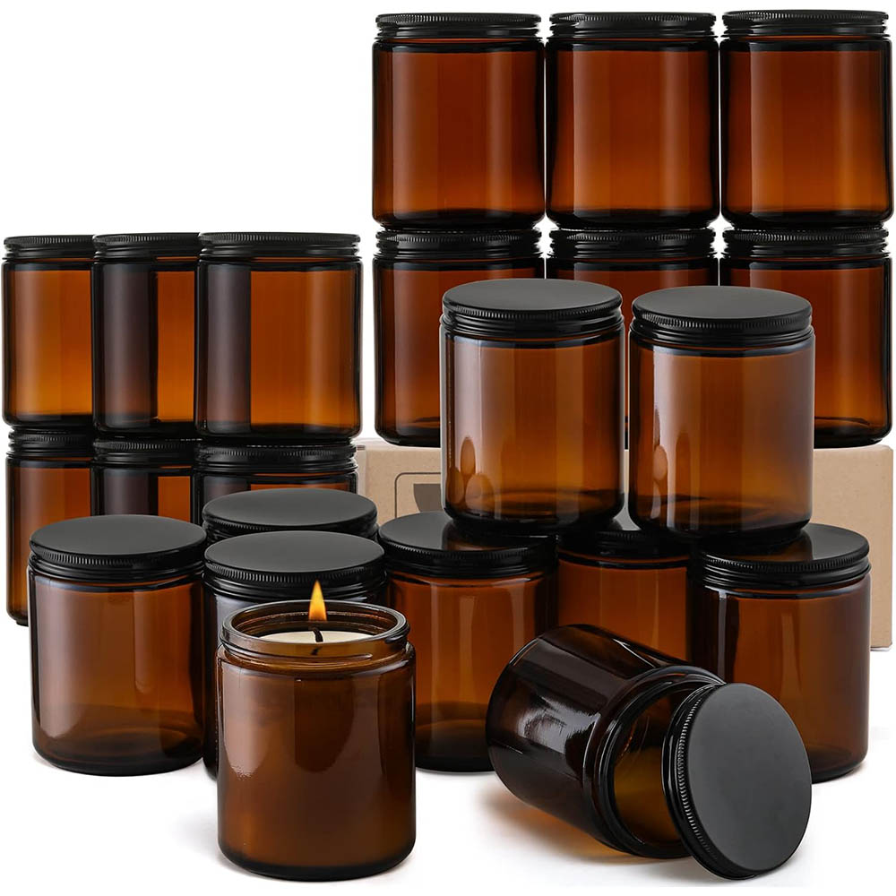 8オンスの琥珀色ガラス瓶（黒蓋付き）- キャンドル作り、食品 - Amber Jar Candle のレビューと価格