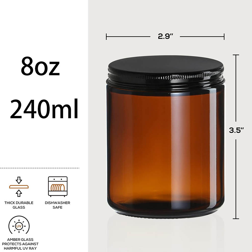 8オンスの琥珀色ガラス瓶（黒蓋付き）- キャンドル作り、食品 - Amber Jar Candle のレビューと価格